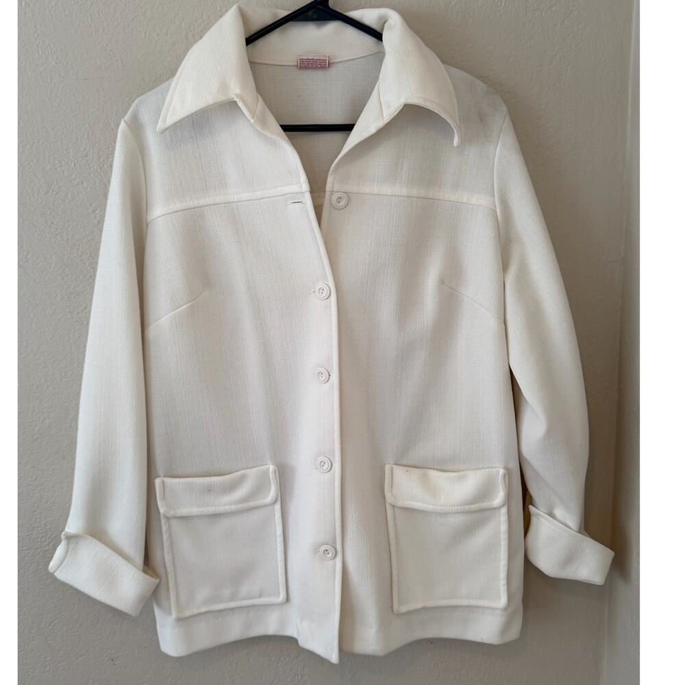 Women's Vintage Lady Pykettes White Button Up Front Pockets Jacket Coat Sz Large